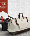 Mason's 20 Inch Tool Bag Canvas Carrier With Full Grain Leather Bottom White And Dark Tan in workshop setting
