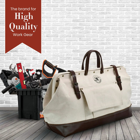 Mason's 20 Inch Tool Bag Canvas Carrier With Full Grain Leather Bottom White And Dark Tan in workshop setting