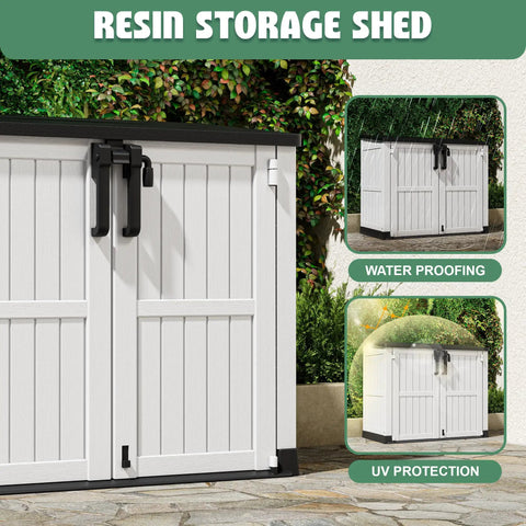 Hella Spacious 36 Cubic Feet Horizontal Resin Outdoor Storage Cabinet With Lockable Doors And No Sweat Assembly Totally Weatherproof Patio Shed For Lawn Mower And Pool Gear