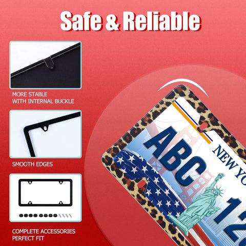 Leopard Print License Plate Frame Stainless Steel Dope Car Holder With Screws For Men And Women Cheetah Pattern details shown
