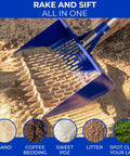 Close-up of Chicken Poop Scooper With Adjustable Handle For Easy Coop Cleanup showing wide sifting scoop with sand bedding