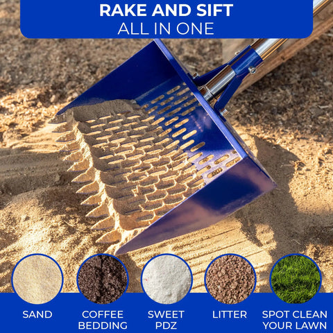 Close-up of Chicken Poop Scooper With Adjustable Handle For Easy Coop Cleanup showing wide sifting scoop with sand bedding