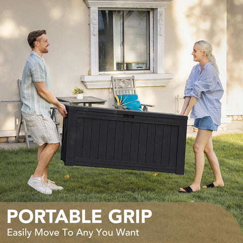 Couple moving 120 Gallon Resin Outdoor Storage Box For Patio And Yard Waterproof Deck Box Bench Lockable Outdoor Storage Chest