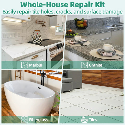 Whole-house repair kit for marble, granite, fiberglass, and tiles in kitchens and bathrooms.