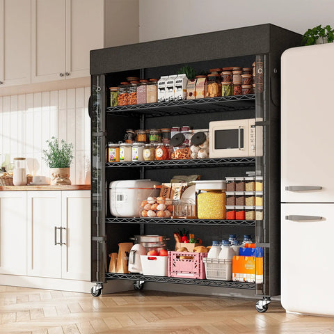 72.8 Inch 5 Tier Heavy Duty Storage Shelving With Cover And Wheels For Pantry Or Garage, black metal shelving in kitchen pantry