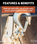 Heavy Duty 7800 Lbs Clevis Slip Hook With Safety Latch For Towing Chains with hook and cotter pin attachment.
