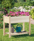 Raised Garden Bed With Legs And Storage Shelf For Backyard Patio Or Balcony Wooden Elevated Planter Box 34 By 18 By 30 Inches Solid Fir Wood Easy Assembly Low Fuss Setup Sturdy And Ready To Grow with blooming flowers and garden tools
