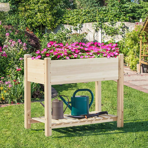Raised Garden Bed With Legs And Storage Shelf For Backyard Patio Or Balcony Wooden Elevated Planter Box 34 By 18 By 30 Inches Solid Fir Wood Easy Assembly Low Fuss Setup Sturdy And Ready To Grow with blooming flowers and garden tools