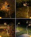 Outdoor Solar Garden Lights Watering Can Lantern with copper wire LED string illuminating path, patio, garden, and lawn at night.