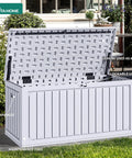 90 Gallon Outdoor Deck Box With Double Wall Resin Construction Weatherproof Storage Chest open on patio
