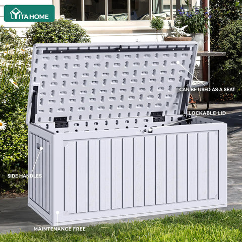 90 Gallon Outdoor Deck Box With Double Wall Resin Construction Weatherproof Storage Chest open on patio