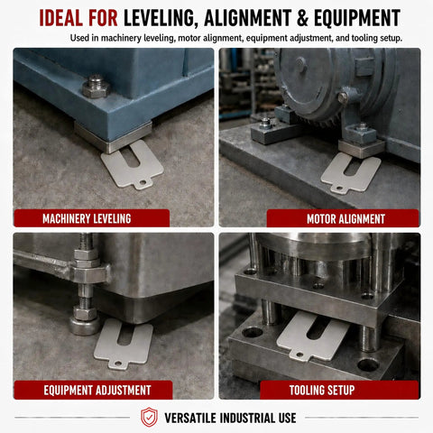 Stainless Steel Shim Kit 2 By 2 Inch Slotted Shims Collection shown in machine leveling, motor alignment, equipment adjustment, tooling setup