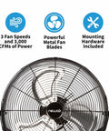 WindPro18W Wall Mount Fan High Velocity Industrial Shop Garage Fan With 3 Speed Settings And 3000 CFM Black Front View