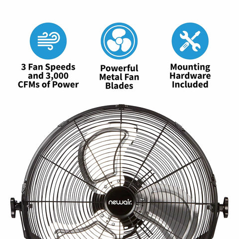 WindPro18W Wall Mount Fan High Velocity Industrial Shop Garage Fan With 3 Speed Settings And 3000 CFM Black Front View