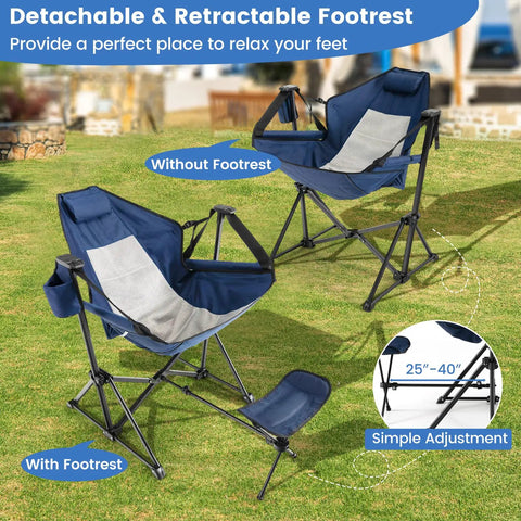 Detachable and retractable footrest hammock camping chair with cozy head pillow showing footrest adjustment on grass