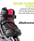 Close-up of black and pink inline skate with secure closure buckle-lace-strap system and supportive shell for stability.