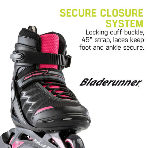Close-up of black and pink inline skate with secure closure buckle-lace-strap system and supportive shell for stability.