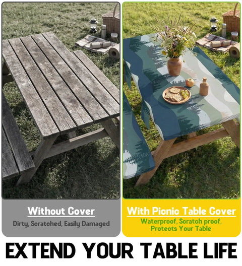 Comparison of uncovered picnic table with scratches and covered table using Waterproof Picnic Table Cover Set With Bench Covers For 72 Inch Tables And Benches Fitted Tablecloth For Camping And RV Travel Road Trip Ready Outdoor Gear Easy On Off Includes Storage Bag, showing improved protection.