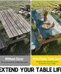 Comparison of bare wooden table next to one with Waterproof Picnic Table Cover With Bench Covers, Outdoor Tablecloth for Camping.