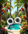2 Pack Silver Parrot Foot Rings For Small To Medium Birds hanging by pool with parrots, 5.5mm inner diameter, durable metal leg bands.