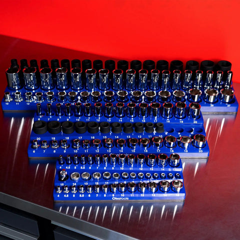 Magnetic Socket Organizer For One Fourth Inch Drive 3 Row Tool Holder In Metric Blue Holds 42 Sockets Professional Grade