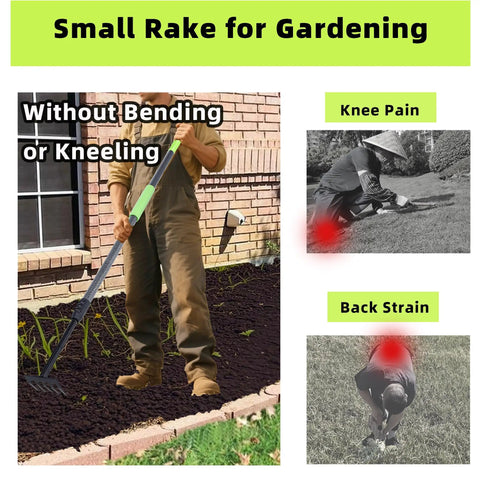 Gardener using Adjustable Handle Hand Rake For Weeding And Tilling, Small Garden Tool With Soft Foam Grip, highlighting ease of use.