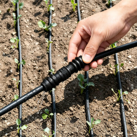 Get This Awesome 8 Pack Of 1/2 Inch Hose Connectors For Your Garden, Soaker Hoses, And Washing Machine! These Tough Molded Plastic Fittings Are Perfect For Quick Repairs, Fixing Leaks, And Extending Water Lines Anywhere Around Your Yard Or Home System. black 1/2 inch plastic hose connector on irrigation line