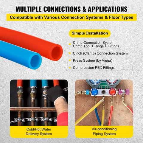Non Oxygen Barrier PEX B Pipe 1/2 Inch Flexible Tubing 100 Ft Red And Blue For Hydronic Radiant Floor Heating And Water Plumbing With Cutter Tool Included Easy Install For Quick DIY Projects, shown with applications for hot water and air-conditioning systems.