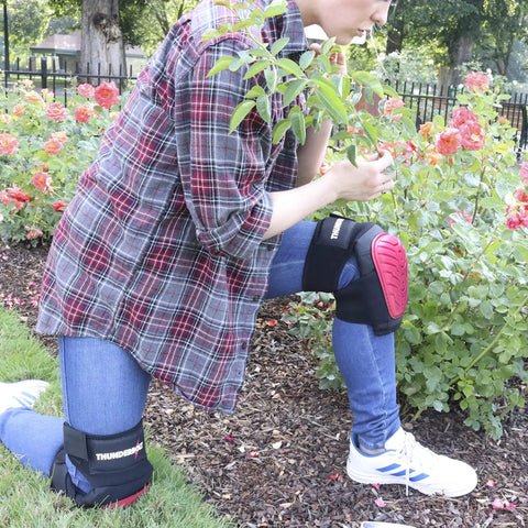 Woman gardening with Women's Knee Pads Elite For Work Perfect For Flooring, Gardening, Cleaning, And Tile Projects, With Gel Cushion.