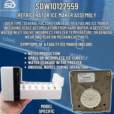 Replacement Ice Maker Assembly For French Door Refrigerators, W10122559 4440694, features and symptoms list shown