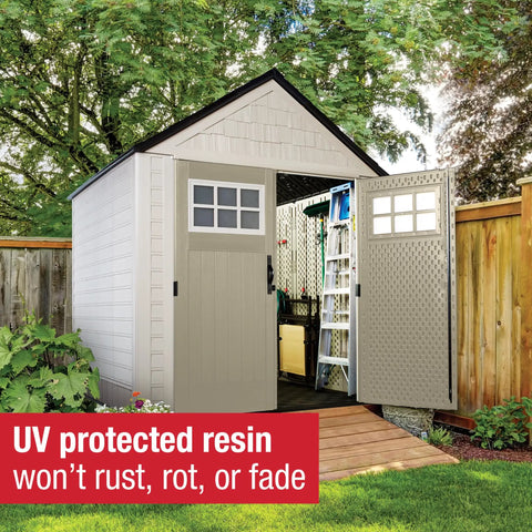 7x7 Weatherproof Outdoor Storage Shed for Garden Tools and Lawn Gear with Lockable Double Doors, Sandstone Finish, in a garden.