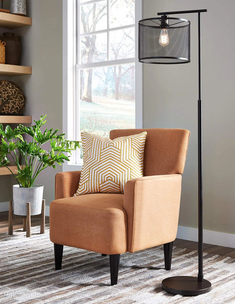 Modern Industrial Metal Floor Lamp With Bronze Finish, 61 Inch Tall, Metal Mesh Drum Shade in cozy living room setting