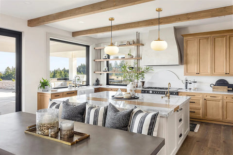 Big 12 Inch Opal Glass Pendant Light With Antique Brass Finish above kitchen island, warm diffused glow in modern kitchen setting