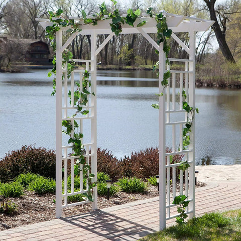 Vinyl Garden Archway For Outdoors, 72 By 85 Inches, White With Lattice Design And Trellis Sides, lakeside setting