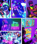 Group enjoying a neon glow party under 30W LED Black Light Bar For Glow Parties And Halloween, 5ft With Plug And Switch.