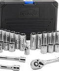 45 Piece Three Eighth Inch Drive Socket Set With 72-Tooth Pear Head Ratchet, Hardened Cr-V Steel, Chrome Plated, with storage case