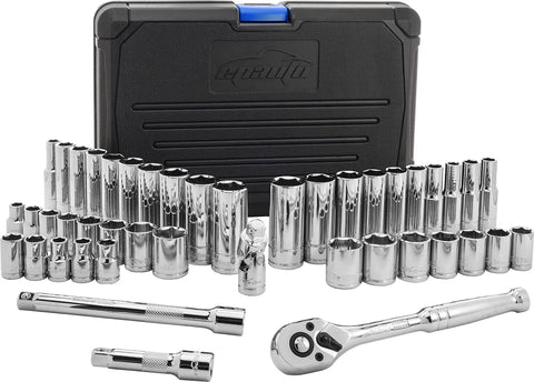 45 Piece Three Eighth Inch Drive Socket Set With 72-Tooth Pear Head Ratchet, Hardened Cr-V Steel, Chrome Plated, with storage case