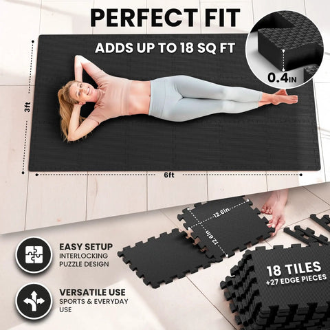 18 Piece EVA Interlocking Foam Floor Tiles Gym Mat Set With Edge Pieces For Total Floor Protection In Home Gym And Garage Workout Areas 12.6x12.6x0.4 Inches Puzzle Mats shown in use, covering 18 sq ft, in anthracite color. Woman lying on mat.