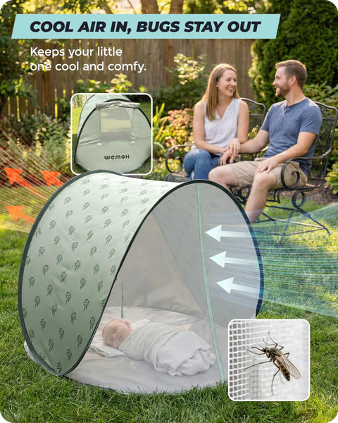 Pop Up Baby Beach Tent With UPF 50+ Sun Shade Mosquito Net Shelter Portable Outdoor Canopy For Babies And Toddlers Green Leaves Pattern