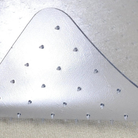 Close-up of clear office chair mat with cleated backing, showing grips for low pile carpet, size 36x48 inches with 20x10 lip.