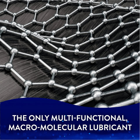 AtomLube all-purpose grease packaging graphic; silver molecular lattice on a dark surface with a blue curved banner