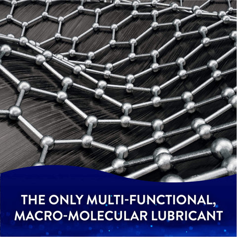 Macro-molecular lubricant structure with text 'The only multi-functional, macro-molecular lubricant' on blue background