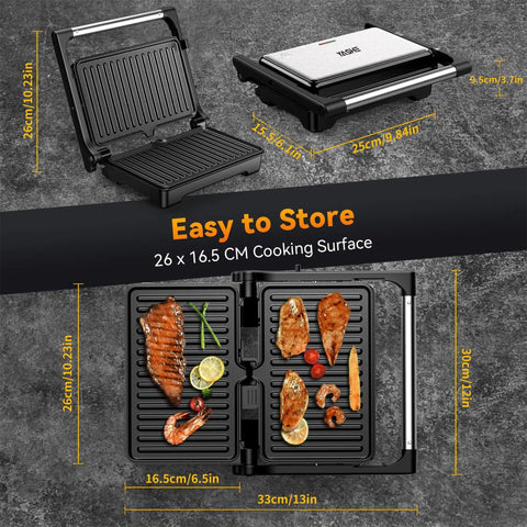 Yashe 1200W Panini Press Grill and Sandwich Maker With Nonstick Plates, two slice capacity, quick heating design with cooked food.