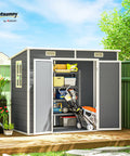 No Nonsense 8x4 Outdoor Storage Shed Made Of Waterproof Resin Plastic With Floor Window Lockable Doors And Vents, gray color