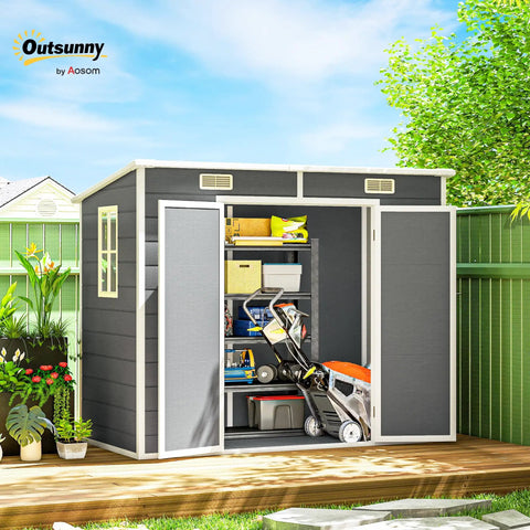 No Nonsense 8x4 Outdoor Storage Shed Made Of Waterproof Resin Plastic With Floor Window Lockable Doors And Vents, gray color