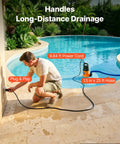 Man plugging in Heavy Duty Submersible Water Pump With 25 Foot Hose Offering One Point Two Horsepower And Five Thousand Gallons Per Hour Output for pool drainage.