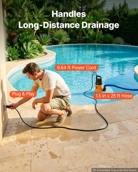 Man plugging in Heavy Duty Submersible Water Pump With 25 Foot Hose Offering One Point Two Horsepower And Five Thousand Gallons Per Hour Output for pool drainage.
