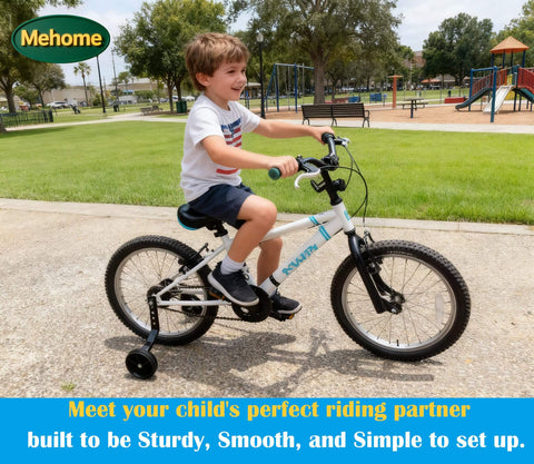 Child riding bike with Heavy Duty Training Wheels For 12 14 16 18 20 Inch Kids Bikes, Universal Fit On Most Single Speed Bicycles