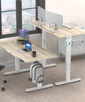 Electric Height Adjustable Standing Desk With Drawer And Memory Preset, Maple Finish, 55 by 28 Inches, dual setup with equipment