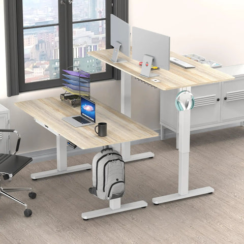 Electric Height Adjustable Standing Desk With Drawer And Memory Preset, Maple Finish, 55 by 28 Inches, dual setup with equipment